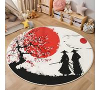 Alfombra Redonda 180cm, Alfombra Estilo De Pintura con Tinta Japonesa Antideslizante de Pelo Corto Lavable, Alfombras En Blanco Negro Decorativo Estampada Samuráis Flores De Cerezo Y Sol