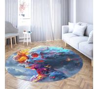 Alfombra redonda 3D ilusión óptica dormitorio 100cm llama azul fuego cráneo gran alfombra circular fantasía nube nebulosa esqueleto estética antideslizante lavable tapete hab adolescente apartamento