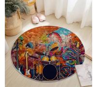 Alfombra Redonda 60 Cm Arte Callejero Guitarra Batería Vistoso Lavable A Máquina Alfombra Antideslizante para Dormitorio Sala De Estar Cocina Decoración del Hogar