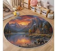 Alfombra Redonda 60cm, Alfombra Estilo Casa De Campo Antideslizante de Pelo Corto Lavable, Alfombras Color Naranja Decorativo Estampada Oso Junto Al Río, para Salón Sofá Mesa de Café Estudio