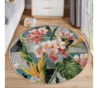 Alfombra Redonda 60cm, Alfombras Acuarela Plantas Tropicales Antideslizante Pelo Corto Lavables, Estampada Flores Hojas Verdes Triángulos Rosa Alfombra, para Salón Sofá Mesa de Café Estudio Dormitorio