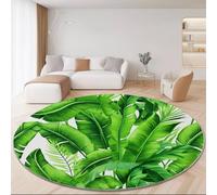 Alfombra Redonda 80 cm, Acuarela Hojas Palmera Hojas de plátano Texturas Alfombra Estampada Lavable Antideslizante, Verde Blanco Alfombras Redonda de área Suaves para Sala de Estar o Dormitorio