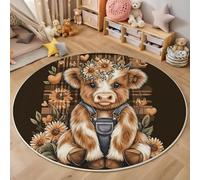 Alfombra Redonda 80 Cm, Flores Y Ganado Las Tierras Altas Antideslizante De Felpa Esponjosa, Lavable Suave Cómodo para Sala De Estar, Dormitorio, Pasillo, Cocina, Negro Estilo Campestre Retro