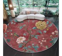 Alfombra Redonda 90 Cm Estilo Chino Peonía Pajarito Vino Tinto Lavable A Máquina Alfombra Antideslizante para Dormitorio Sala De Estar Cocina Decoración del Hogar
