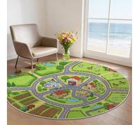 Alfombra redonda 90 cm lavable a máquina, dibujos animados, alfombra antideslizante, pelo bajo verde, diseño granero granero suave para sala de estar, dormitorio, cocina, enfermería, oficina
