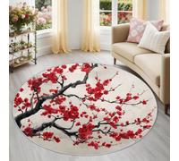Alfombra redonda 90 cm oriental minimalista botánica roja flores de ciruelo ramas alfombra redonda, suave, antideslizante, lavable, apta para dormitorio, comedor, salón de té Zen