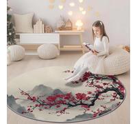 Alfombra Redonda 90 cm - Pintura en Tinta poética Flores de Ciruelo Alfombras Redondas para Sala de Estar habitación Infantil Cocina baño y decoración del hogar, Rojo