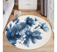 Alfombra Redonda Acuarela Fresca Elegante, Alfombra Índigo Pelo Corto Suave, Alfombras Estampado Flores Azules Antideslizante fácil de cuidar, para Dormitorio Salón Cocina Halls 60cm