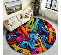 Alfombra redonda American Streetwear de 90 cm, letras del alfabeto, graffiti abstracto, antideslizante, suave, lavable a máquina, alfombra circular que no se desprende, para dormitorio, sala de estar