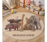 Alfombra Redonda Animales Salvajes 100cm para Salon Alfombra de Flor Hipopótamo, Avestruz, Búfalo Antideslizante, Lavables en Lavadora, Tapete Redondo Pelo Corto para Dormitorio Comedor, Color Arena
