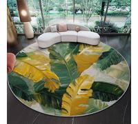 Alfombra Redonda Antideslizante de Franela 100 cm, Verde Amarillo Pelo Corto Suave, Pintura óleo Vintage Tropical Hojas Palmera Diseño, Alfombra Decorativa para Salón Dormitorio y Habitación Infantil