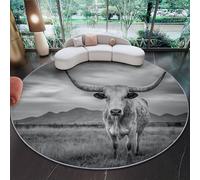 Alfombra Redonda Antideslizante de Franela 120 cm, Negro Pelo Corto Suave, Animales Ganado Longhorn Pastizales Montañas Diseño, Alfombra Decorativa para Salón Dormitorio y Habitación Infantil