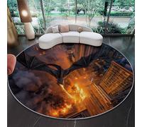 Alfombra Redonda Antideslizante de Franela 60 cm, Rojo Gris Pelo Corto Suave, Fantasía Dragón Llamas Ciudad Diseño, Alfombra Decorativa para Salón Dormitorio y Habitación Infantil