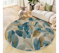 Alfombra Redonda Arte Decorativo Moderno, Alfombra Azul Pelo Corto Suave, Alfombras Estampado Hojas Líneas Antideslizante fácil de cuidar, para Dormitorio Salón Cocina Halls 150cm