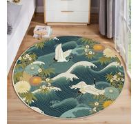 Alfombra Redonda Arte Tradicional Japonés, Alfombra Azul Verdoso Pelo Corto Suave, Alfombras Estampado Grullas Blancas Olas del Mar Flores Antideslizante, para Dormitorio Salón Halls 100cm