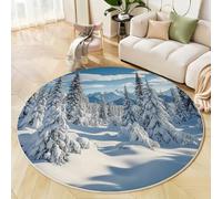 Alfombra Redonda Azul 100 Cm, País Las Maravillas Invernal Antideslizante De Felpa Esponjosa, Lavable para Sala De Estar, Dormitorio, Pasillo, Cocina, Oficina, Pinos del Bosque Suave Y Cómodo