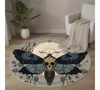 Alfombra Redonda Azul-Negro Misticismo Fantástico, Modelo Lavable Antideslizante Pelo Bajo Estampado Polilla Calavera Símbolo Alfombra Decorativa, para Sala de Estar y Dormitorio 160cm