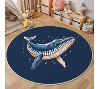 Alfombra Redonda Azul, Plegable Piano Ballena Notas Musicales Estampado Alfombra, Antideslizante Lavables a máquina Dibujos Animados Diversión Infantil Alfombras para Dormitorio Cocina Pasillo 90cm