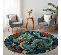 Alfombra Redonda Azul Verdoso, Alfombras Ultrasuave Lavable de Pelo Corto Retro Dibujos Animados Animales Dragón - Alfombra Redonda Antideslizante para Sala de Estar Dormitorio 60 cm