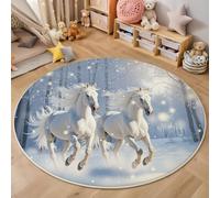 Alfombra Redonda Blanco, Plegable Caballos Bosque Estampado Alfombra, Antideslizante Lavables a máquina Fotografía De Animales En Paisajes Nevados Alfombras para Sala de Estar Dormitorio 150cm