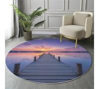 Alfombra Redonda Color Naranja para Salon 120cm, Alfombra con Estampado Muelle Puesta De Sol Lavable, Antideslizante Tranquilidad Paisaje Natural Alfombras, para Dormitorio Cocina Comedor Balcón