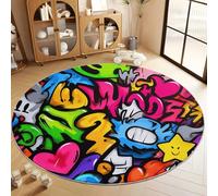 Alfombra Redonda con Ciudad Moderno Grafiti Vibrante Patrón Impreso 150 cm, Alfombra Multicolor de Pelo Corto Antideslizante para Salón - Muy Suave y Lavables en Lavadora