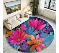 Alfombra redonda con diseño botánico tropical de 60 cm, lavable | Base antideslizante de perfil bajo, tacto suave, duradera, floral, sala de estar, dormitorio