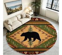 Alfombra redonda con diseño de oso de bosque, 180 cm, pino, rústico, cabaña | Uriger - Alfombra redonda lavable de pelo corto, antideslizante, resistente, diseño de bosque, para aficionados al aire libre