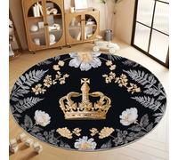 Alfombra Redonda con Elegante Floral Plantas Corona Patrón Impreso 120 cm, Alfombra Negro de Pelo Corto Antideslizante para Salón - Muy Suave y Lavables en Lavadora