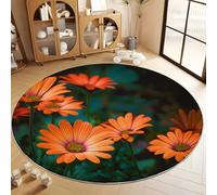 Alfombra Redonda con Elegante Flores Hojas Margaritas Naranjas Patrón Impreso 120 cm, Alfombra Verde de Pelo Corto Antideslizante para Salón - Muy Suave y Lavables en Lavadora