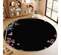 Alfombra Redonda con Estilo Japonés Ilustración Floral Animal Patrón Impreso 120 cm, Alfombra Negro de Pelo Corto Antideslizante para Salón - Muy Suave y Lavables en Lavadora
