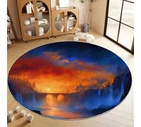 Alfombra Redonda con Fantasía Ciudad Atardecer Acantilados Patrón Impreso 180 cm, Alfombra Naranja de Pelo Corto Antideslizante para Salón - Muy Suave y Lavables en Lavadora
