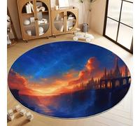 Alfombra Redonda con Fantasía Retro Ciudad Cascada Patrón Impreso 100 cm, Alfombra Azul de Pelo Corto Antideslizante para Salón - Muy Suave y Lavables en Lavadora