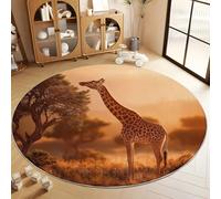 Alfombra Redonda con Naturaleza Bosque Animal Jirafa Patrón Impreso 120 cm, Alfombra Marrón Claro de Pelo Corto Antideslizante para Salón - Muy Suave y Lavables en Lavadora