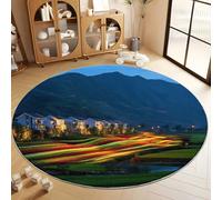 Alfombra Redonda con Surrealismo Naturaleza Montaña Arquitectura Patrón Impreso 150 cm, Alfombra Verde de Pelo Corto Antideslizante para Salón - Muy Suave y Lavables en Lavadora