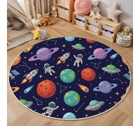 Alfombra Redonda Constelación Planeta Astronauta, 90cm Alfombras de Pelo Corto Suave Tema Espacial Dibujos Animados Tapetes Antideslizante y Lavables para Dormitorio y Habitación Infantil, Azul Real