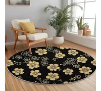 Alfombra Redonda de 100 cm, Flor Flor De Cerezo Líneas Lavable Flanelle Alfombras para Salon Cocina Oficina Guardería Habitacion, Negro Resistente a la decoloración Alfombra