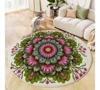 Alfombra Redonda De 100 Cm, Flores Mandala, Lavable, Antideslizante, Mullida para Sala De Estar Artes Tradicionales, Alfombra Suelo para Dormitorio Verde