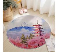 Alfombra Redonda de 100 cm, Tapete Redonda con patrón Monte Fuji Torre Flor De Cerezo, Lavable a máquina Alfombra Antideslizante para Dormitorio Sala de Estar Cocina decoración del hogar, Azul Rosa