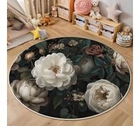 Alfombra Redonda de 100cm, Lavable, Circular, Antideslizante, de Pelo bajo, Estilo De Pintura Al Óleo Realista Rosas Blancas, pequeña, Circular, para recámara, baño, Entrada,Verde Oscuro