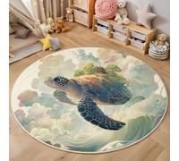 Alfombra Redonda De 120 Cm Lavable Pintura Acuarela Una Tortuga Marina para Interiores, con Patrones Animales Marinos, Verde Pálido, Círculo Redonda, Cocina, Sala De Estar, Recámara, Comedor