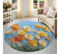 Alfombra redonda de 160 cm, pastoral botánica, color amarillo, azul, flores, pintura al óleo, alfombra redonda, suave, antideslizante, lavable, apta para dormitorio, entrada, comedor, dormitorio