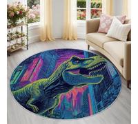 Alfombra redonda de 180 cm con diseño de animales de ciudad, suave, lavable, neón, T-Rex, dinosaurio y ciudad futurista, alfombra circular antideslizante para interiores, para entrada, sala de juegos
