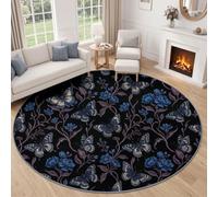 Alfombra redonda de 180 cm para sala de estar, retro, ligera, lujosa, con animales, insectos, mariposas, antideslizante, lavable, para interiores, dormitorio, guardería, color gris y morado, suave