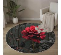 Alfombra Redonda de 180cm, Lavable, Circular, Antideslizante, de Pelo bajo, Fotografía De Flores Rosas con Gotas De Agua, pequeña, Circular, para recámara, baño, Entrada, habitación de los niños,Rojo