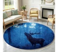 Alfombra redonda de 200 cm, color azul, ciervo, luciérnagas, suave, antideslizante, pelo corto, salón, dormitorio, lavable, lana artificial, alfombra de cocina, alfombra de bosque de fantasía para