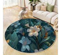 Alfombra Redonda De 200 Cm Lavable Flores Exóticas para Interiores, con Hojas La Selva Tropical, Azul Verdoso, Círculo Redonda, Cocina, Sala De Estar, Recámara, Comedor