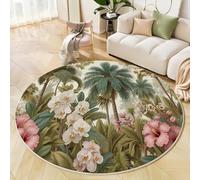 Alfombra Redonda De 200 Cm Lavable Hibisco Y Orquídea para Interiores, con Palmeras La Selva Tropical, Verde Salvia, Círculo Redonda, Cocina, Sala De Estar, Recámara, Comedor