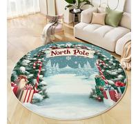 Alfombra Redonda De 200 Cm, Pino Navidad, Lavable, Antideslizante, Decoración del Hogar,Mullida para Sala De Estar Copos Nieve del Bosque, Alfombra Suelo para Dormitorio Azul Claro