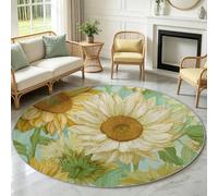 Alfombra redonda de 200 cm, verde, girasol, suave, antideslizante, pelo corto, salón, dormitorio, lavable, lana artificial, cocina, granja, flores, alfombra para habitación infantil, comedor, oficina